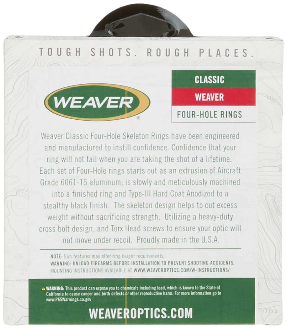 Weaver four-hole skeleton ring saddle height 0.610 inches clears large objective lenses for comfortable sightlines.