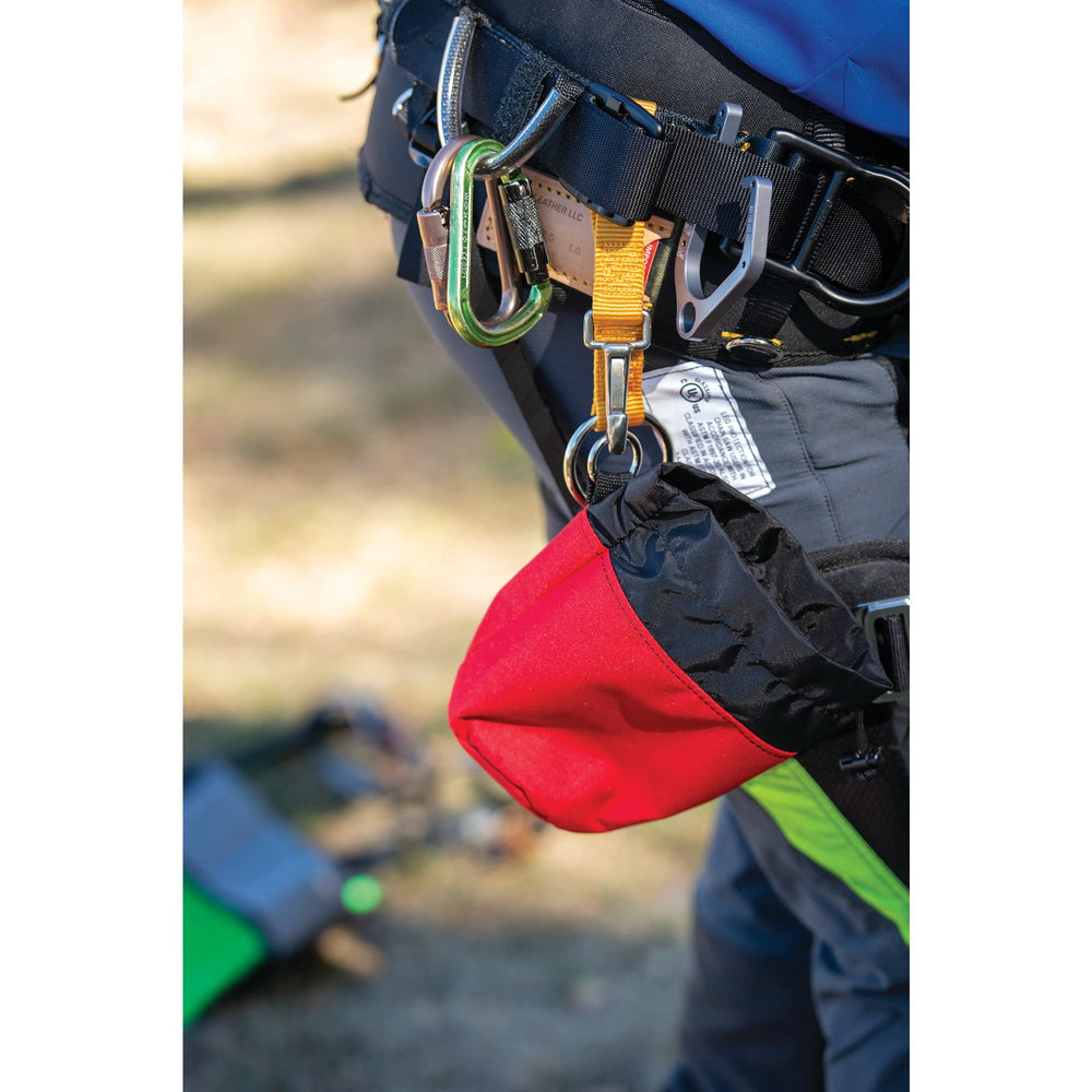Weaver Leather Arborist throw line storage bag red interior rings for rope tying and belt attachment