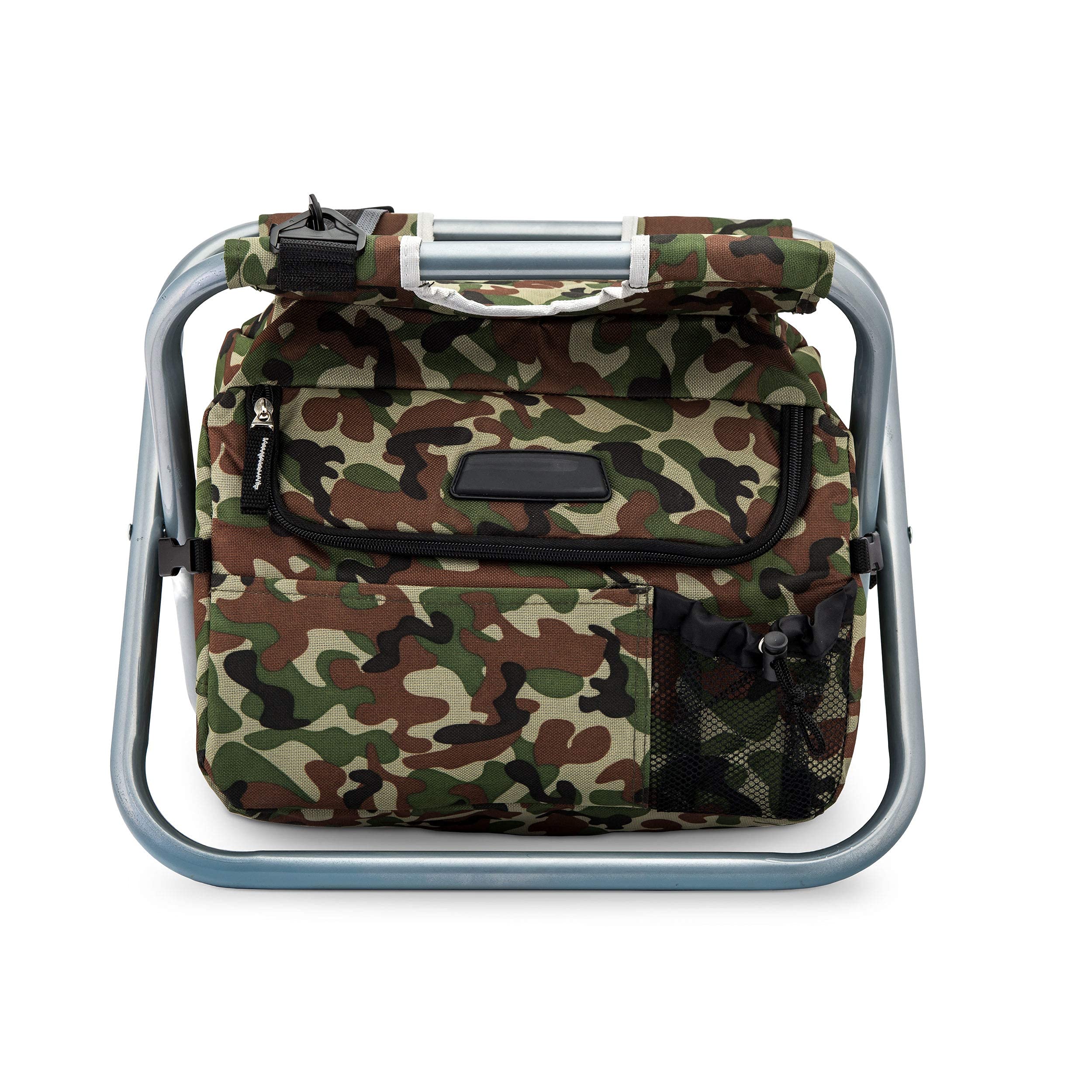 Weddingstar camouflage cooler chair folded for compact storage.
