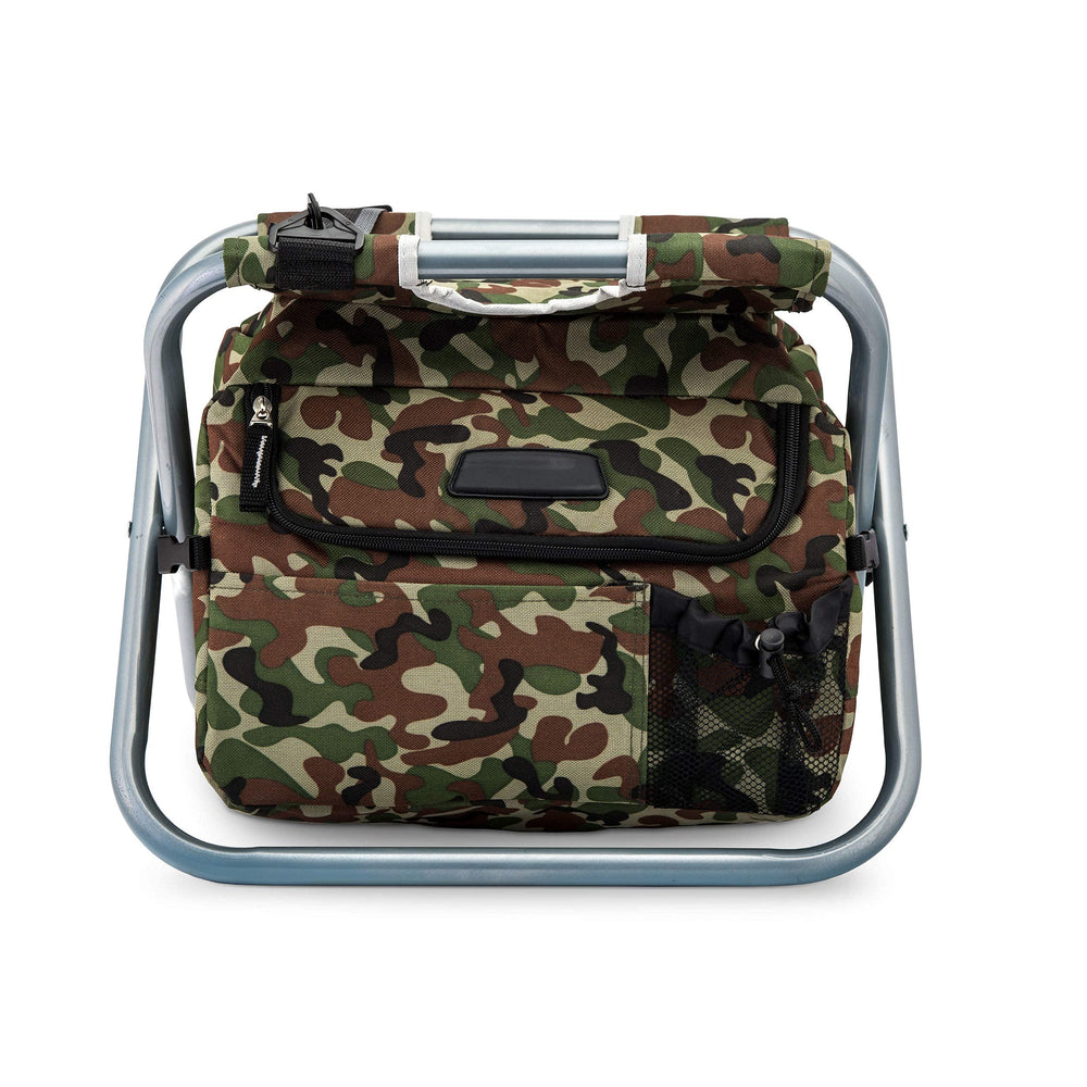 Weddingstar camouflage cooler chair folded for compact storage.