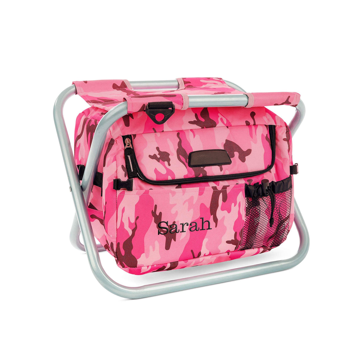 WeddingSTAR folding chair pink camouflage front view for outdoor event seating.