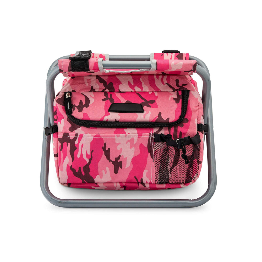 WeddingSTAR folding chair pink camouflage side view—portable, sturdy seating.