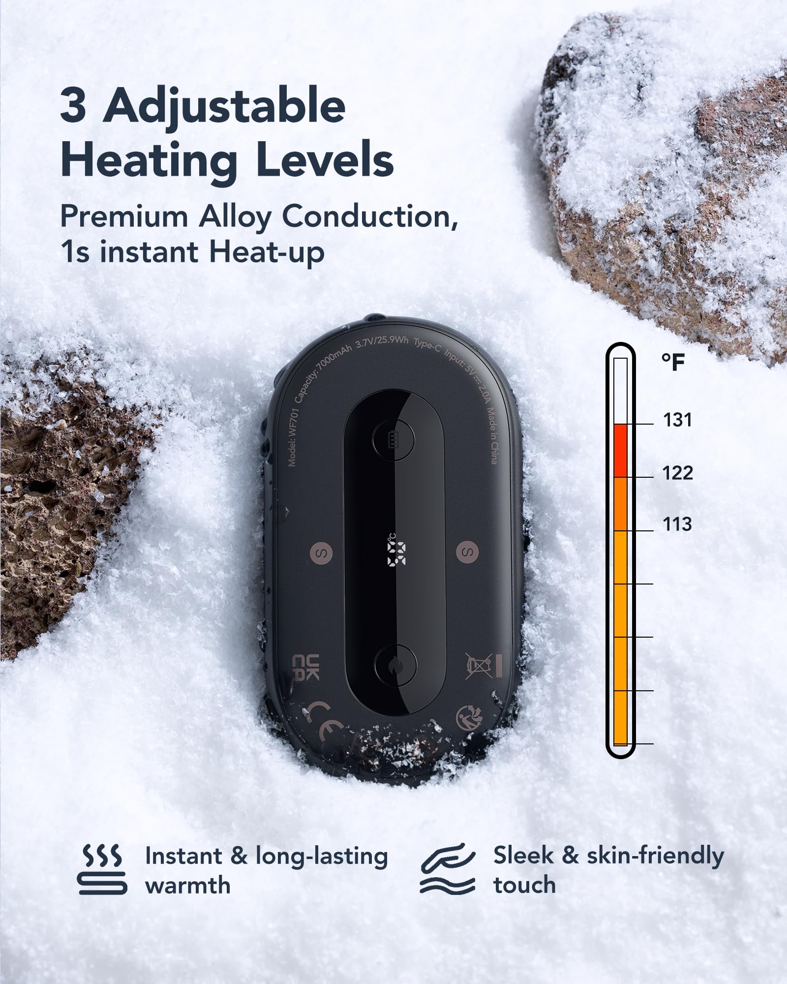 WeeFancy Al hand warmer reaches 131°F with a long-lasting 7000mAh battery for all-day warmth.