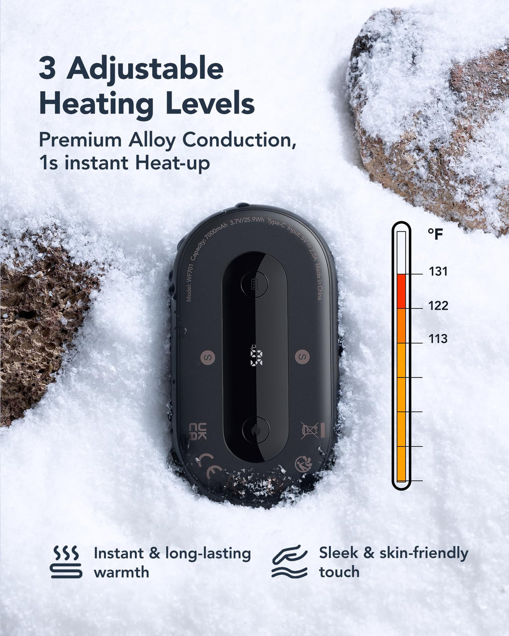 WeeFancy Al hand warmer reaches 131°F with a long-lasting 7000mAh battery for all-day warmth.