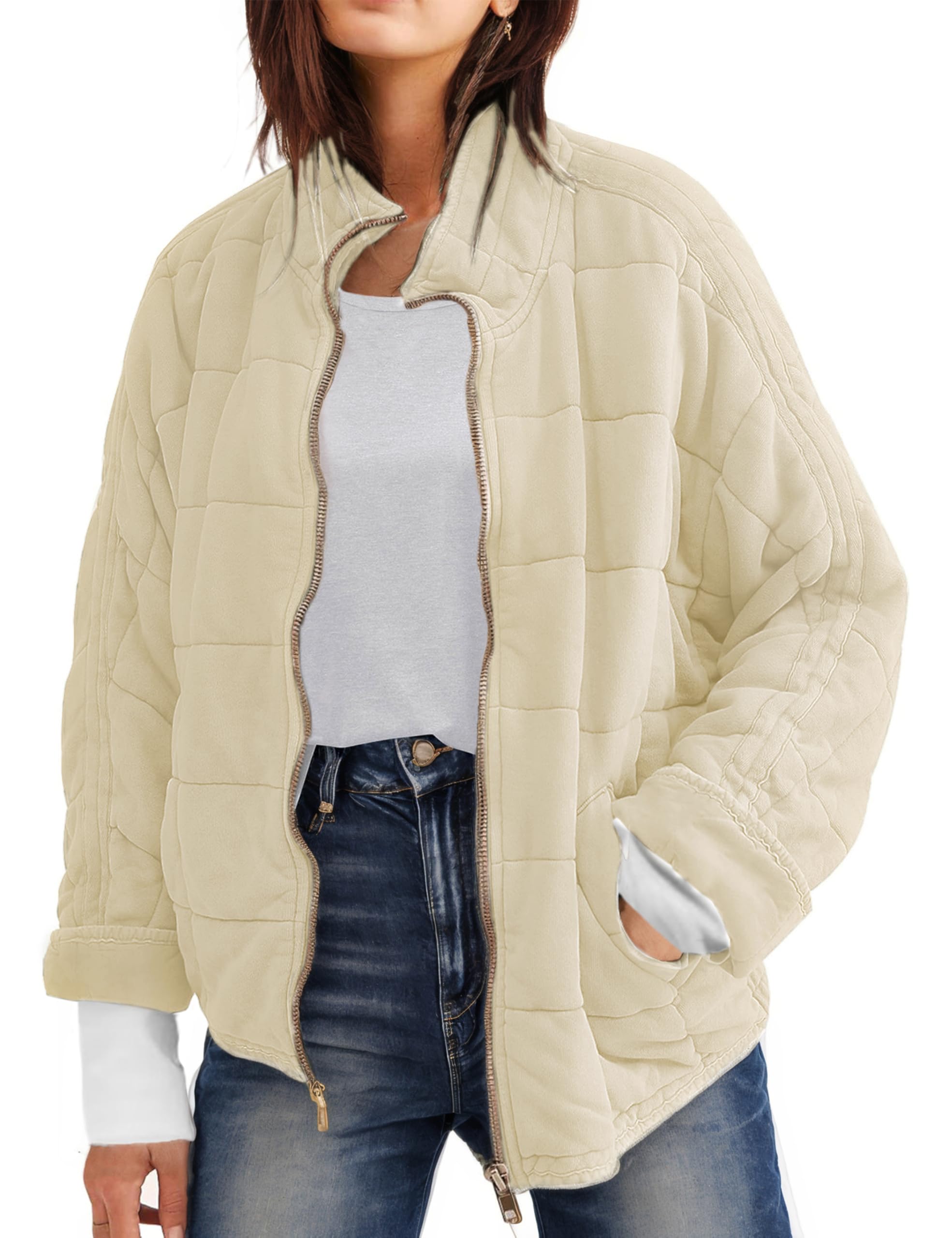 Wefebi women's dolman quilted jacket beige front view for everyday warmth and casual wear