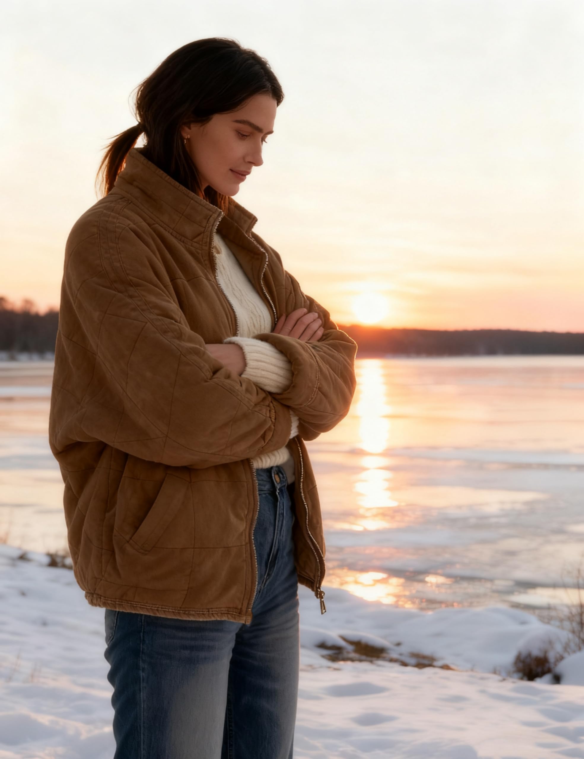Wefebi jacket back-hem elastic for flattering silhouette in cooler months