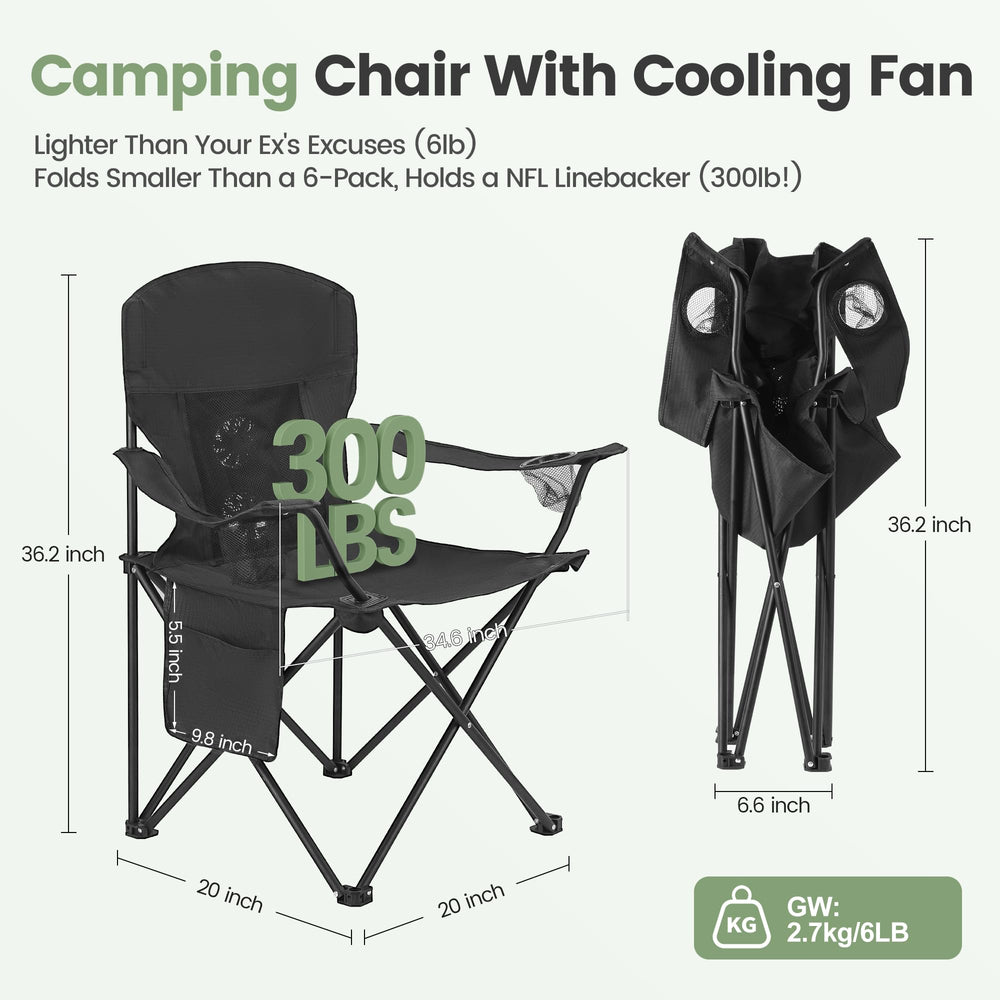 WEIDIORME camping chair with fan side view highlights breathable fabric and stable support.