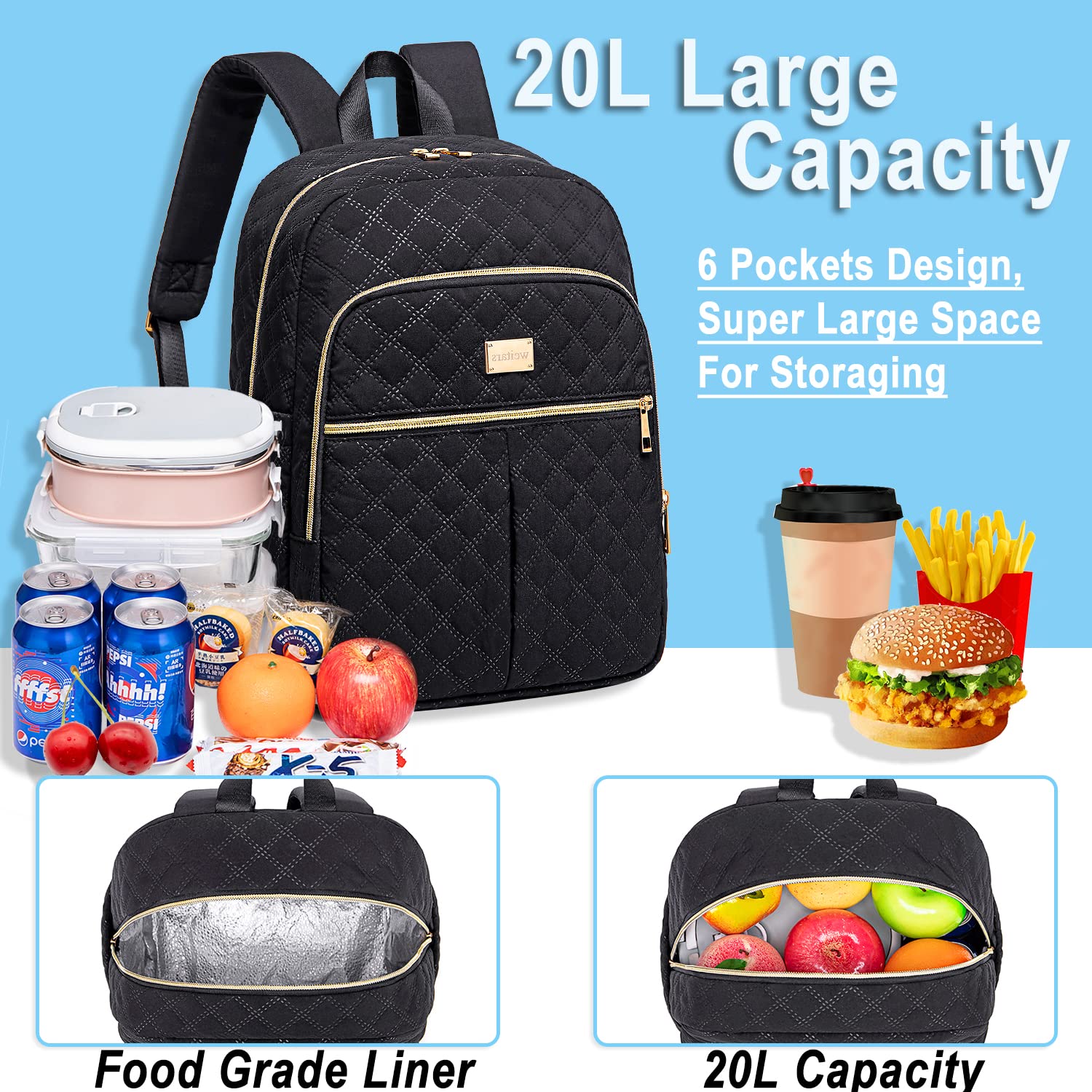 Weitars lunch backpack side elastic pocket holds umbrella or bottle for on-the-go hydration.