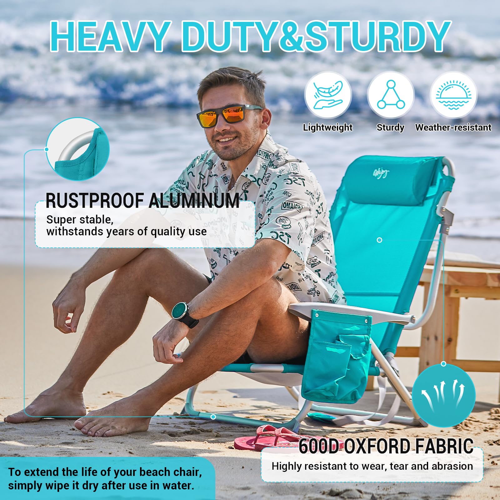 WEJOY beach chair 600D Oxford fabric ensures durable outdoor use.