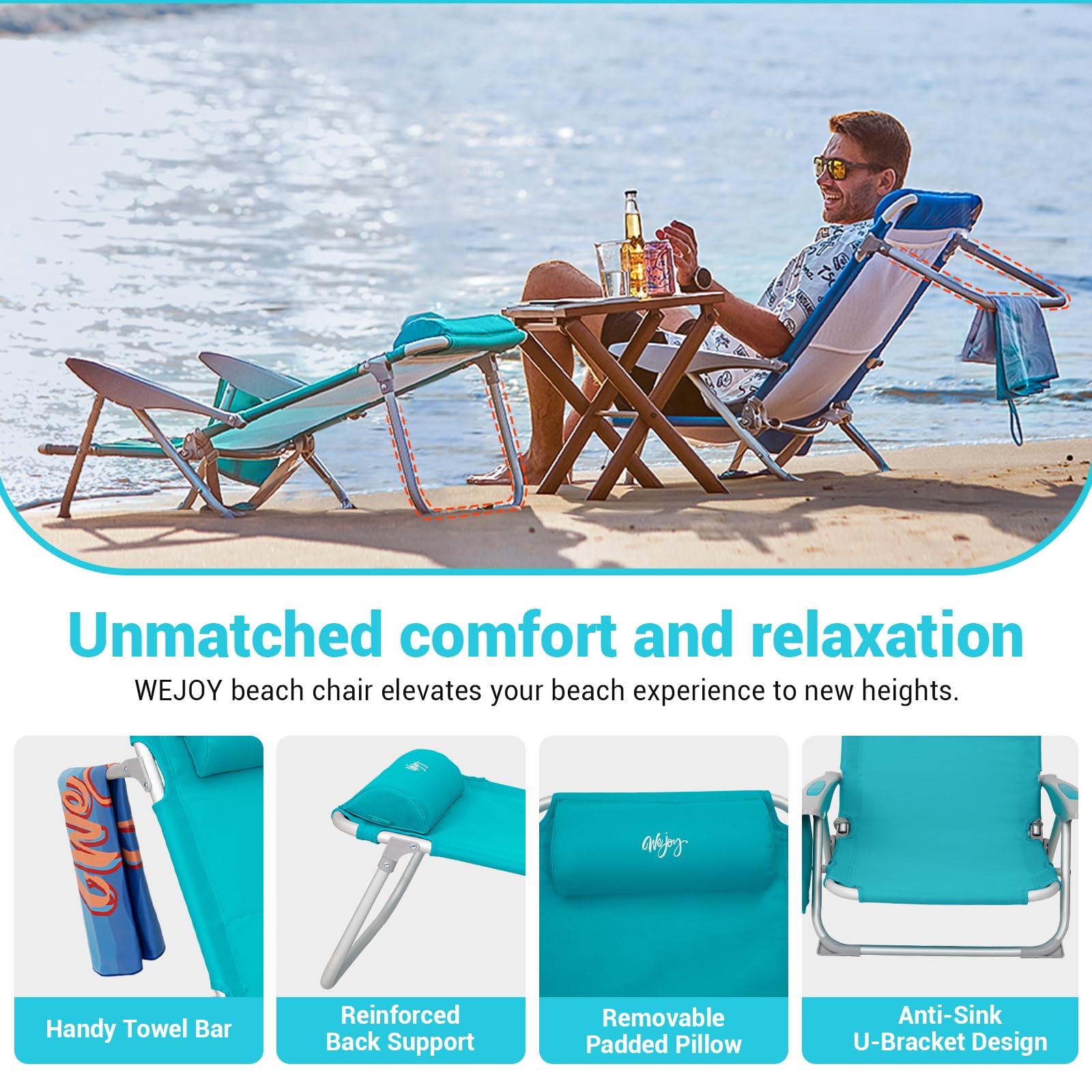 WEJOY beach chair padded headrest adds cushioned support for long sessions.