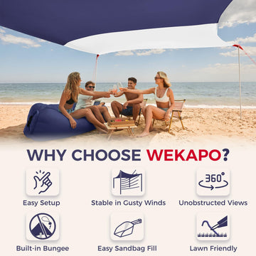 WEKAPO 4-pole beach tent shows sturdy frame for reliable beach shelter.