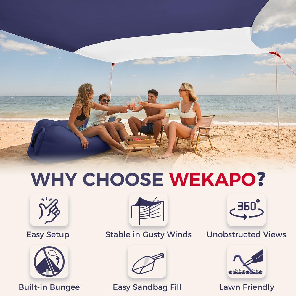 WEKAPO 4-pole beach tent shows sturdy frame for reliable beach shelter.