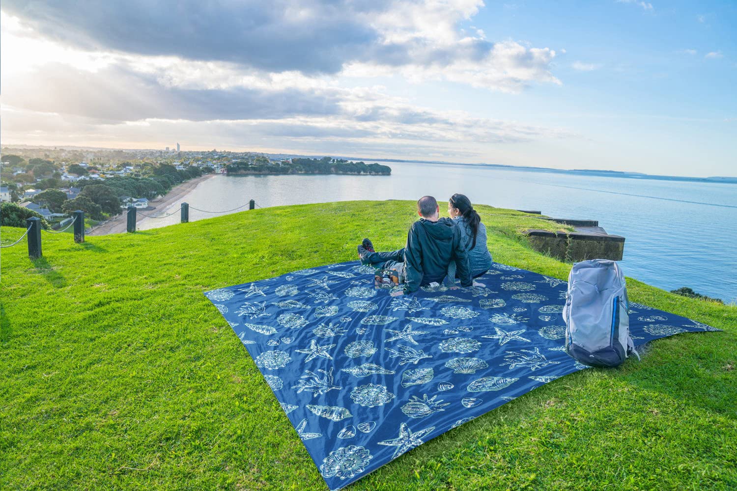 WEKAPO Beach Blanket blue sea shells pattern adds seaside vibe for picnics.