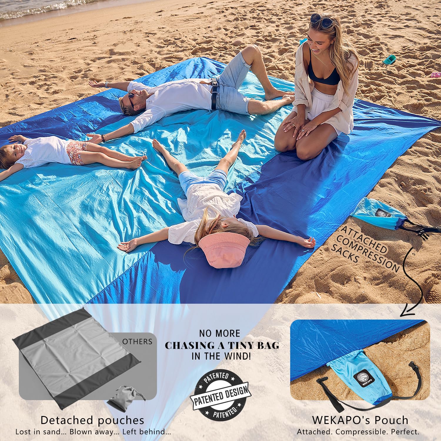 WEKAPO beach blanket corner pockets for storage and anchors
