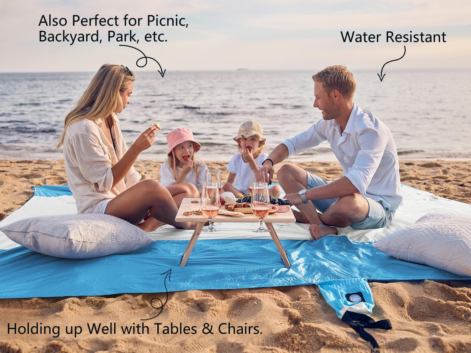 WEKAPO beach blanket corner pockets demonstrate storage and sand anchors