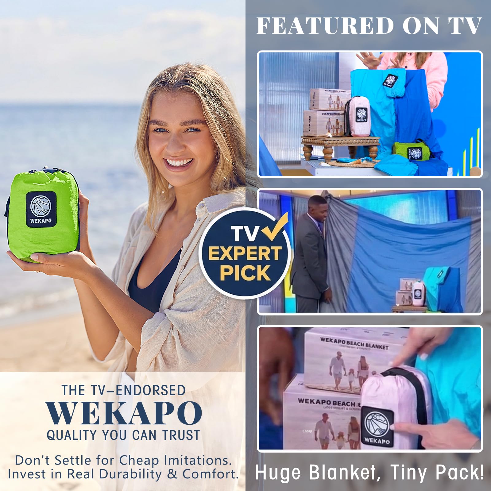 WEKAPO blanket shakes off sand quickly for quick beach reloads.