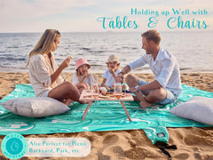 WEKAPO beach blanket sandproof fabric demonstrates easy sand-free cleanup.