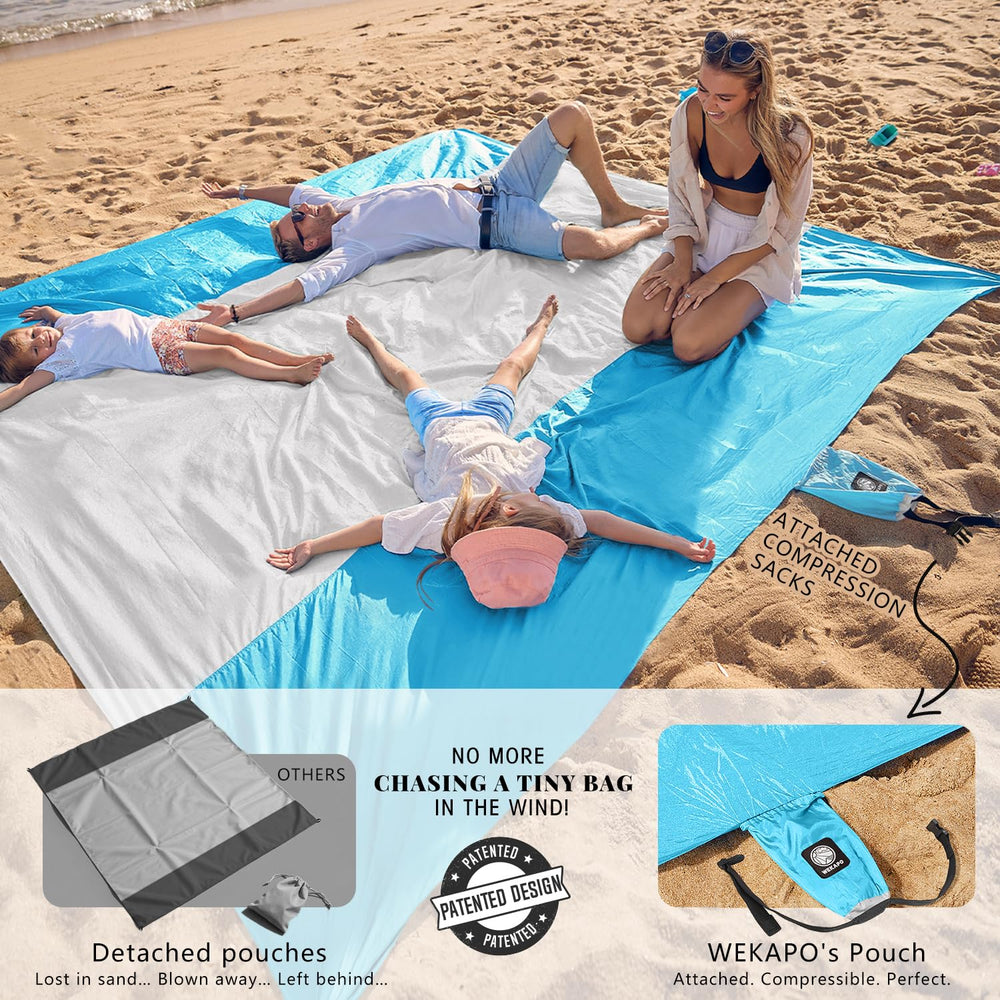 WEKAPO beach blanket stake pouch highlights anchored setup on windy days