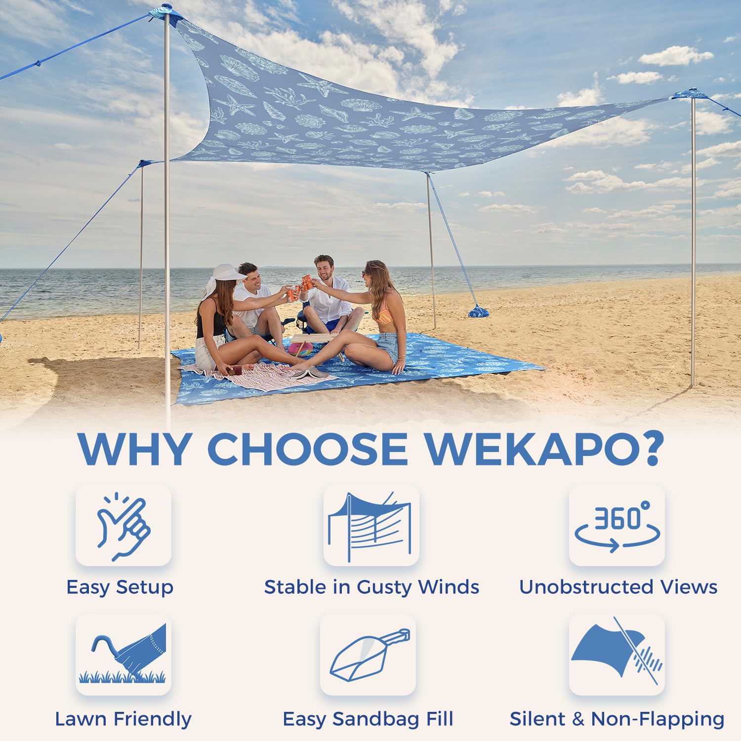 WEKAPO beach tent 23mm poles highlight durable construction for windy days.