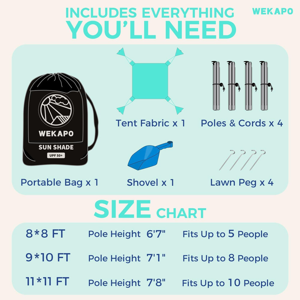 WEKAPO included shovel and accessories simplify beach setup kits.