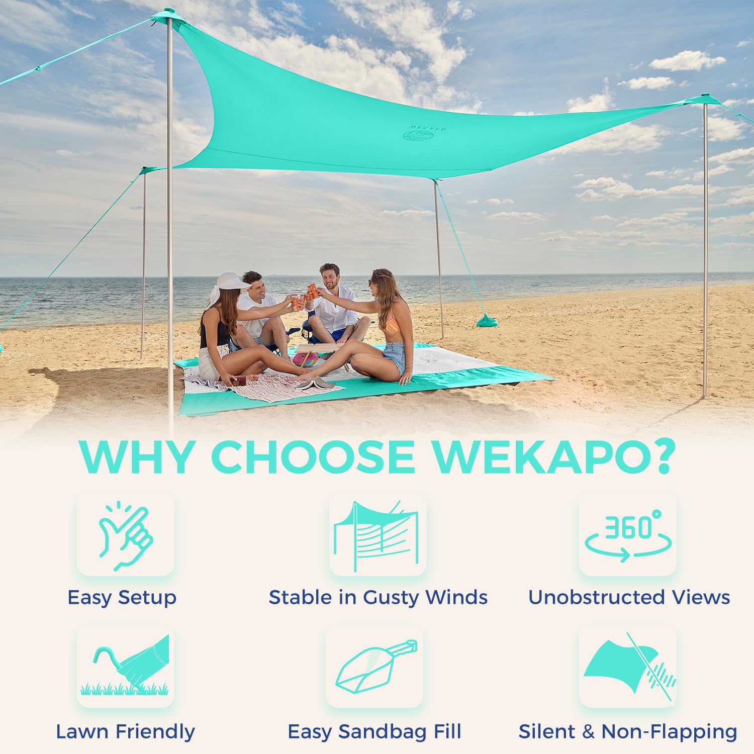 WEKAPO sandbags stabilize the canopy for windy beach conditions.