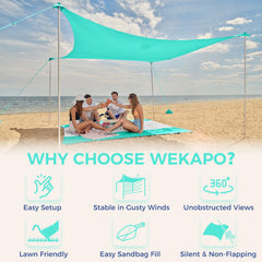 WEKAPO sandbags stabilize the canopy for windy beach conditions.