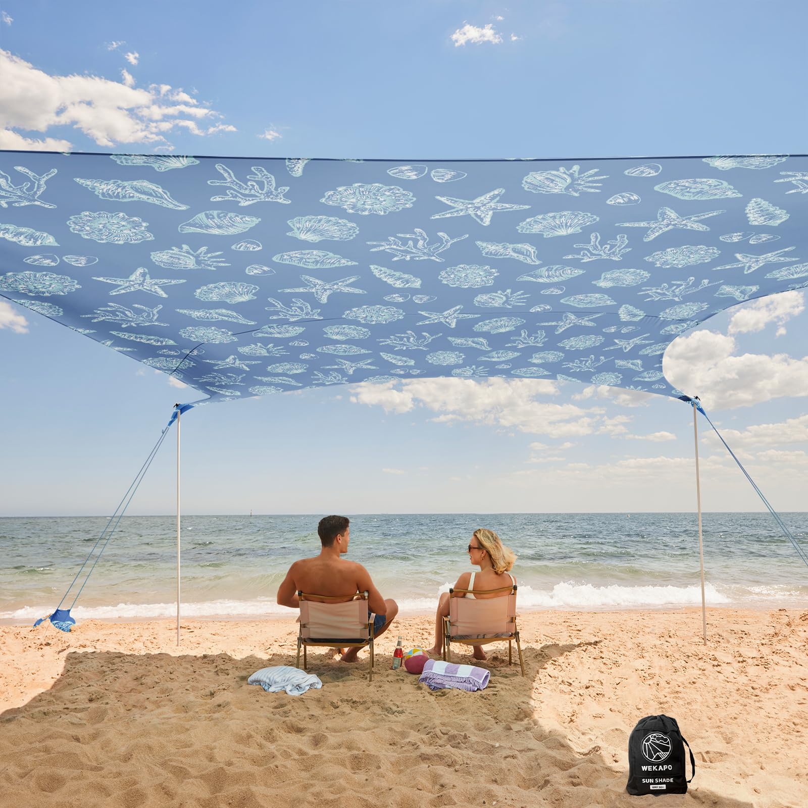 WEKAPO beach tent setup image showing quick shade on a sunny beach.