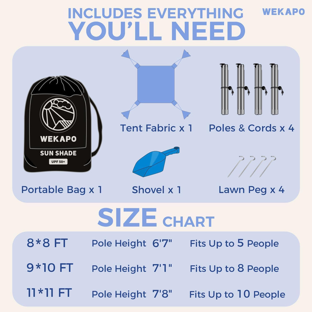 WEKAPO Beach Tent upf50-fabric blocks intense sun while staying breathable.