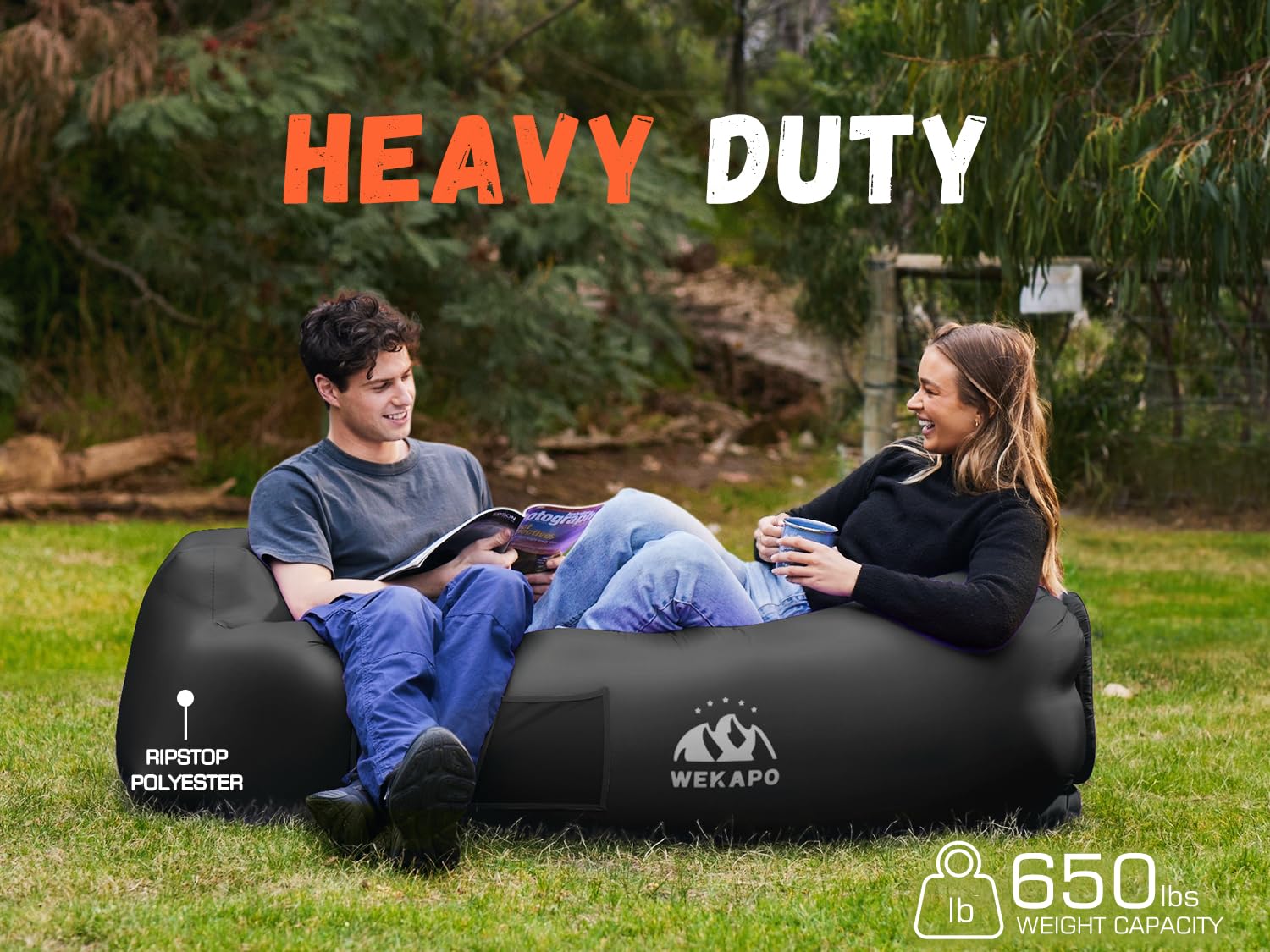 WEKAPO inflatable lounger in use at the beach, waterproof surface stays dry