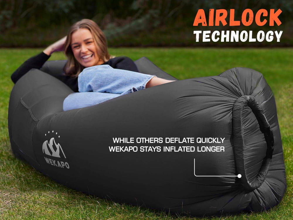 WEKAPO inflatable lounger with stake and bag, secure placement on windy days
