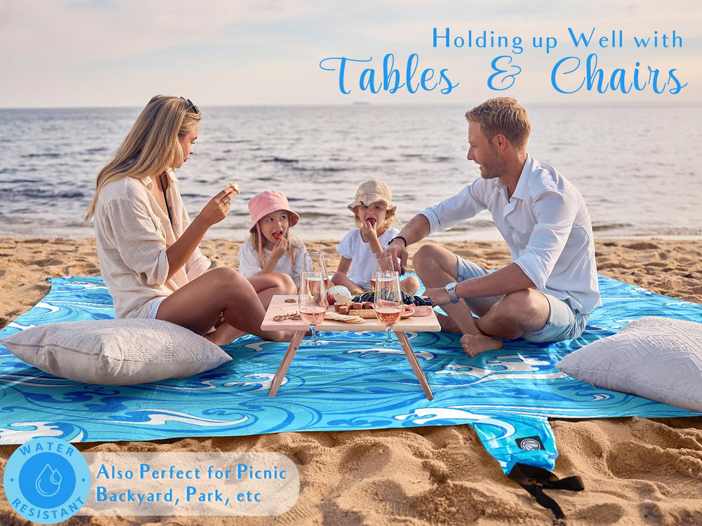 WEKAPO beach blanket beads water and dries quickly for comfort.