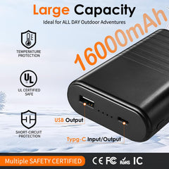 WeKit heated jacket battery pack shows 16000mAh power for longer cold-weather wear.