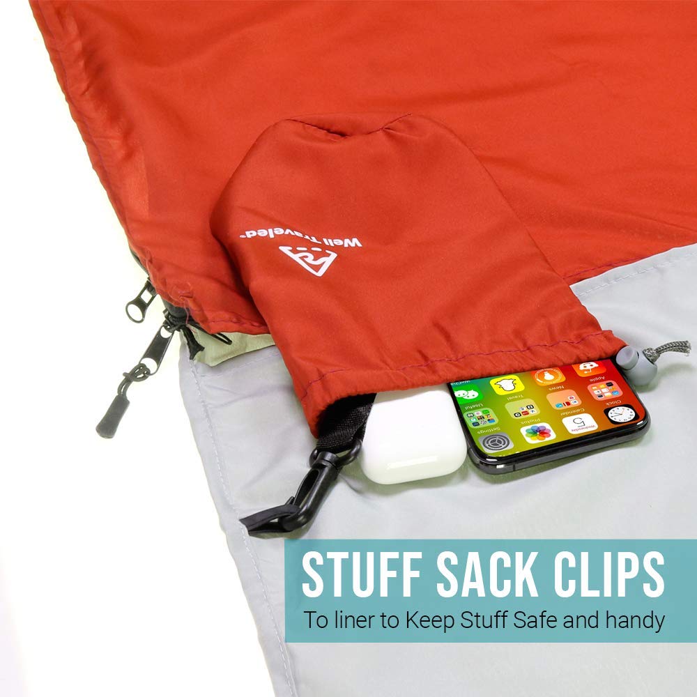 Well Traveled Sleeping Bag Liner with left zipper in red for easy setup.