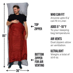 Well Traveled Sleeping Bag Liner includes a wide pillow pocket for XL pillows.