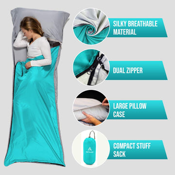 Well Traveled sleeping bag liner silky fabric for a smooth skin feel.