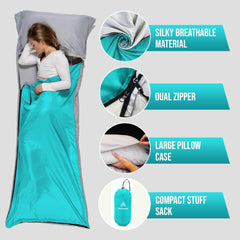 Well Traveled sleeping bag liner silky fabric for a smooth skin feel.