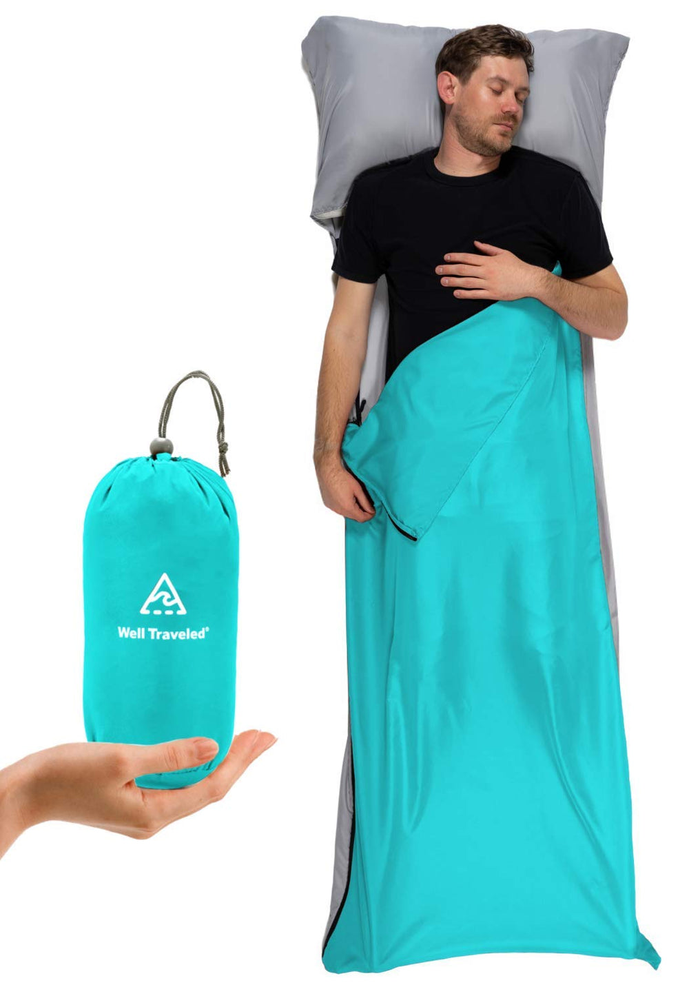 Well Traveled sleeping bag liner teal with right zipper for clean, comfortable nights.