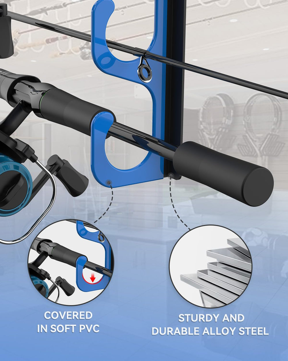 WellMall 34-inch wall-space design fits up to ten rods in tight garages.