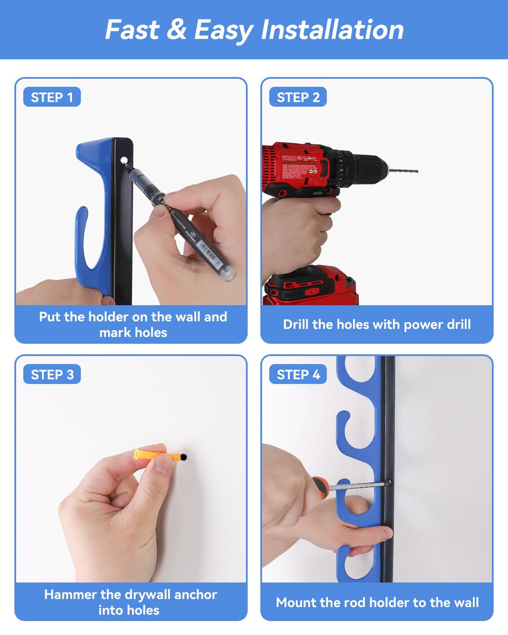 Neatly organized fishing rods on wall-mounted WellMall rack