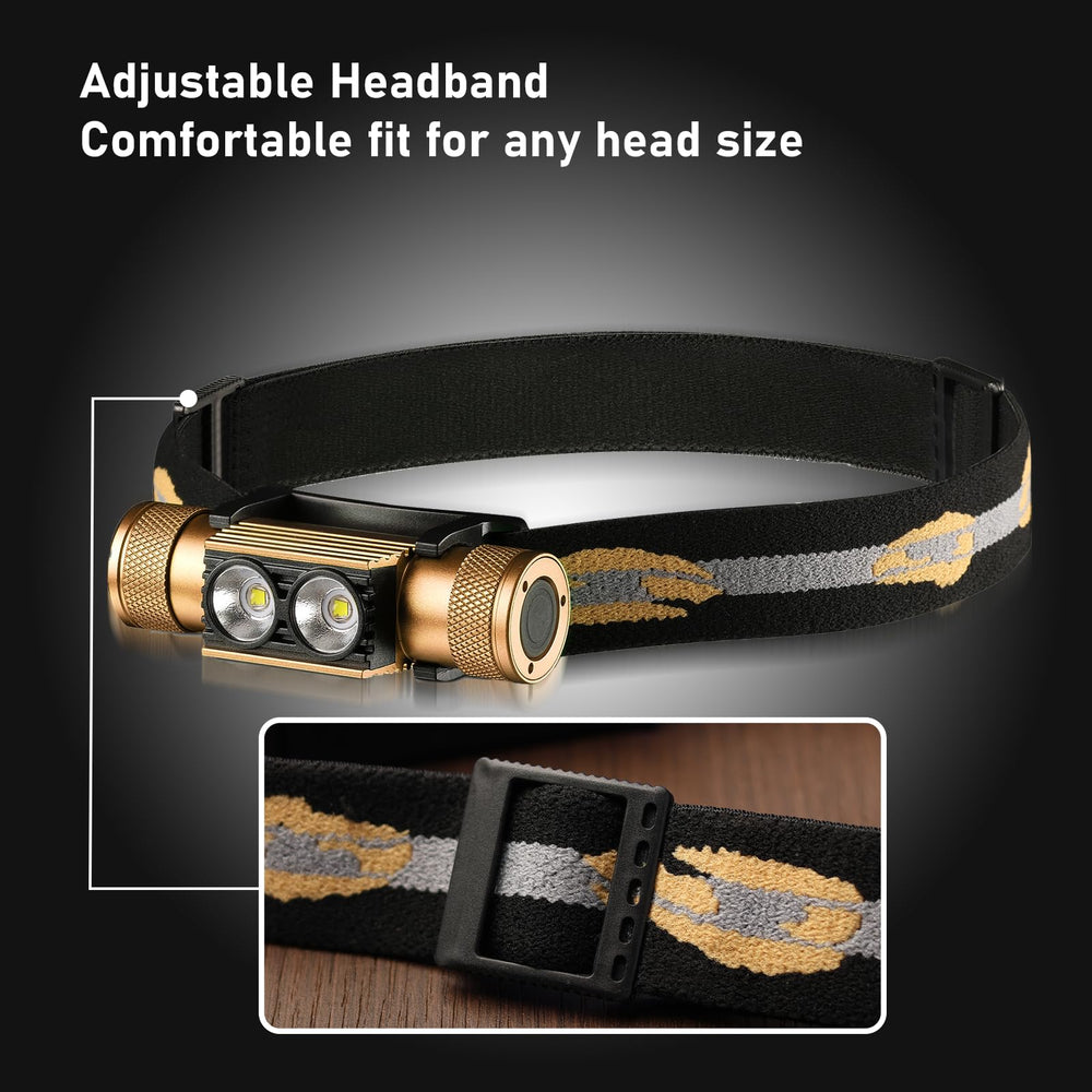 Weneasker headlamp tilted 90 degrees for focused beam on details.