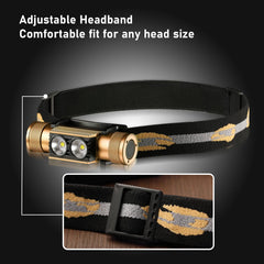 Weneasker headlamp tilted 90 degrees for focused beam on details.