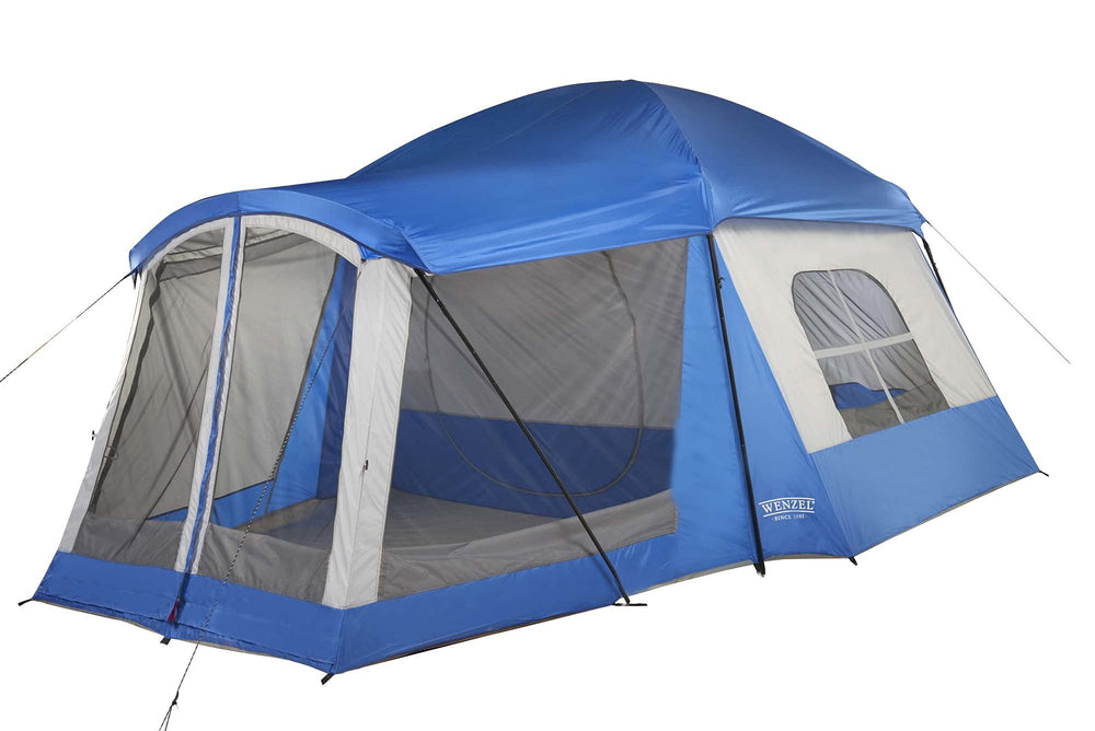 Wenzel Klondike blue front view showing spacious 16x11 ft footprint for family camping