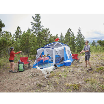 Wenzel Klondike blue interior sleep area highlighting 98 sq ft interior space for five campers