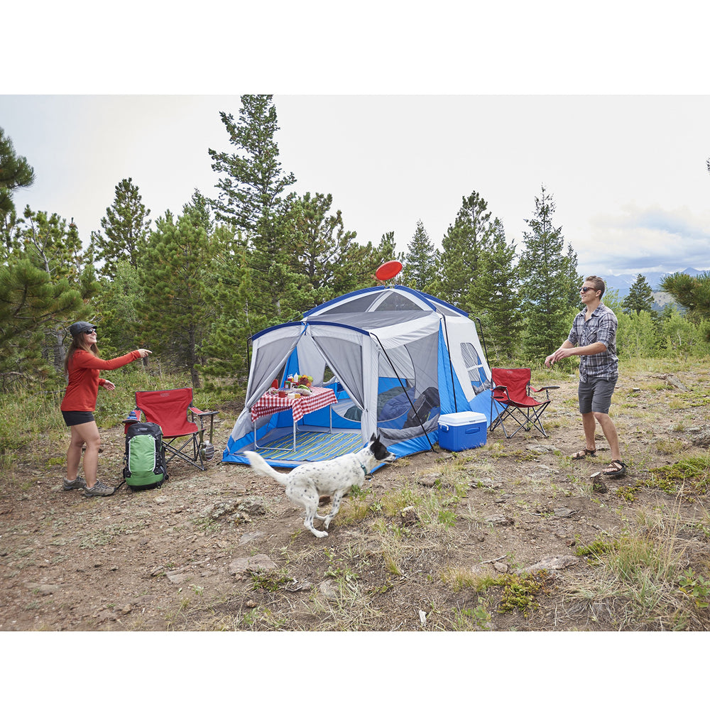 Wenzel Klondike blue interior sleep area highlighting 98 sq ft interior space for five campers