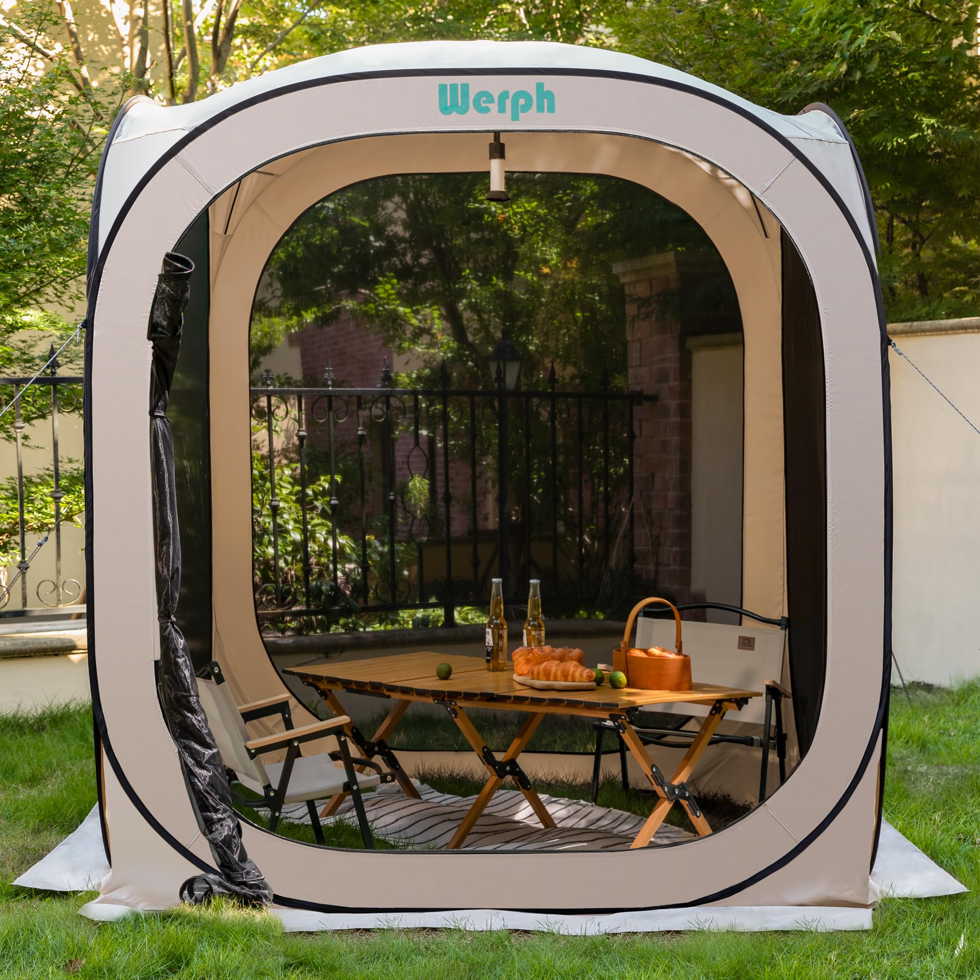 Werph pop-up tent patio gathering setup with friends under shade