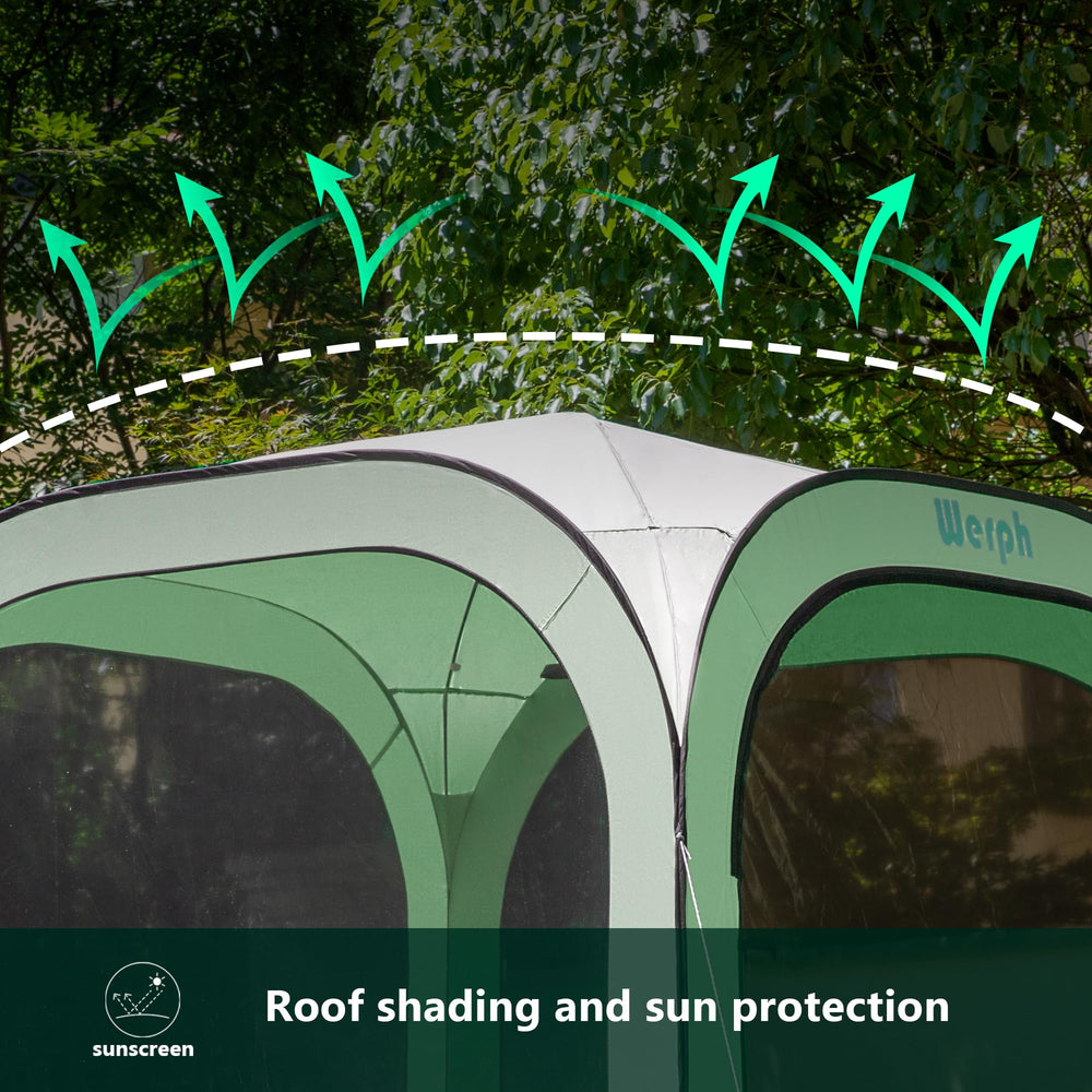 Werph Pop Up Tent top hook and light strip support evening gatherings.