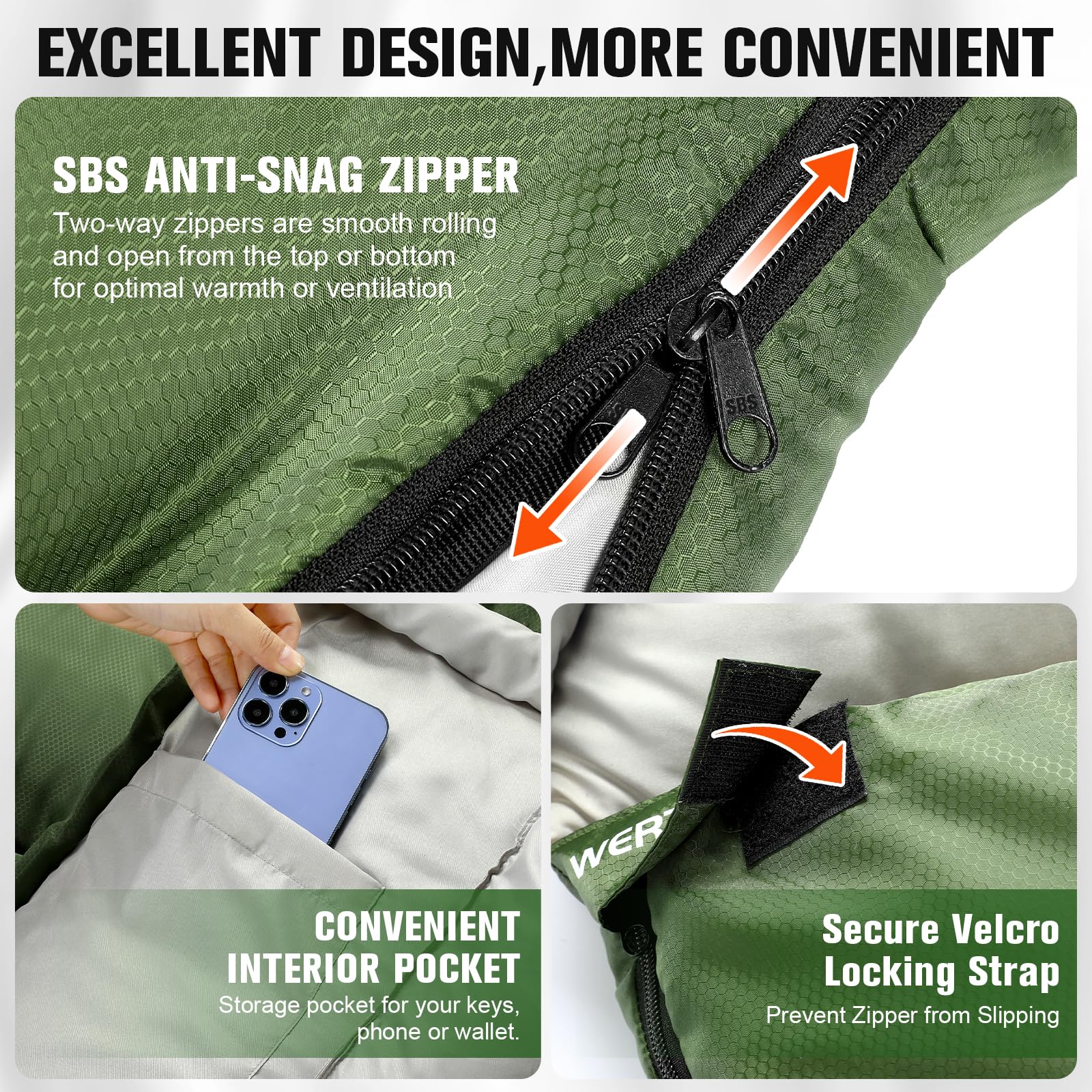 WERTYCITY sleeping bag soft lining no-snag zipper highlights skin-friendly comfort.
