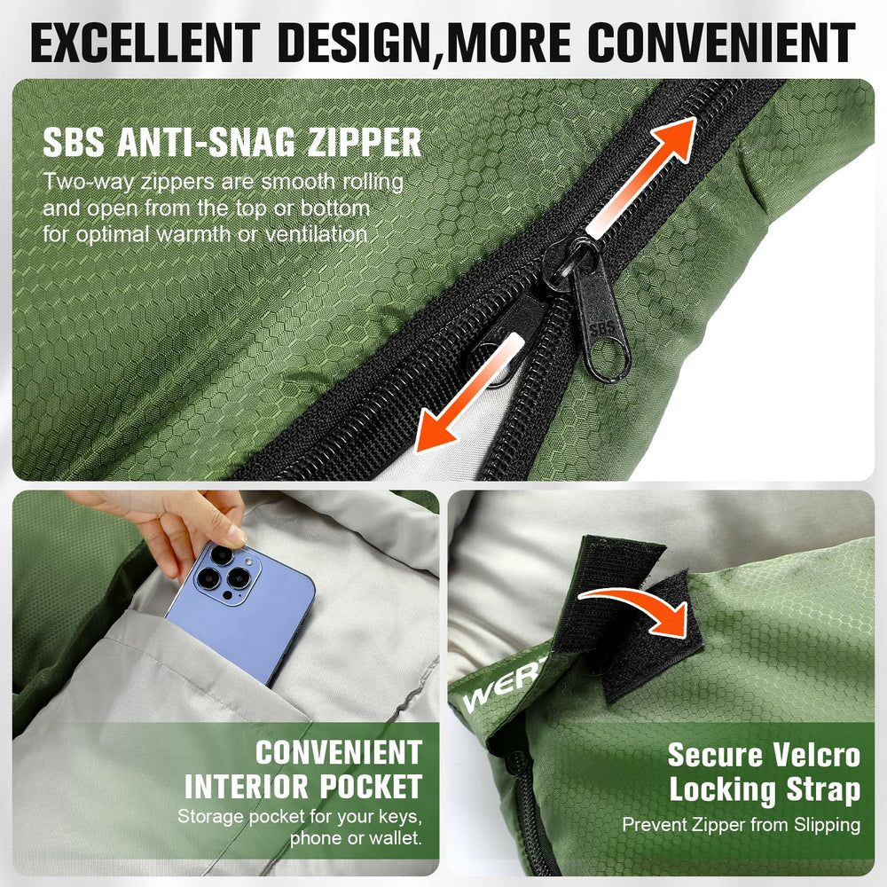 WERTYCITY sleeping bag soft lining no-snag zipper highlights skin-friendly comfort.