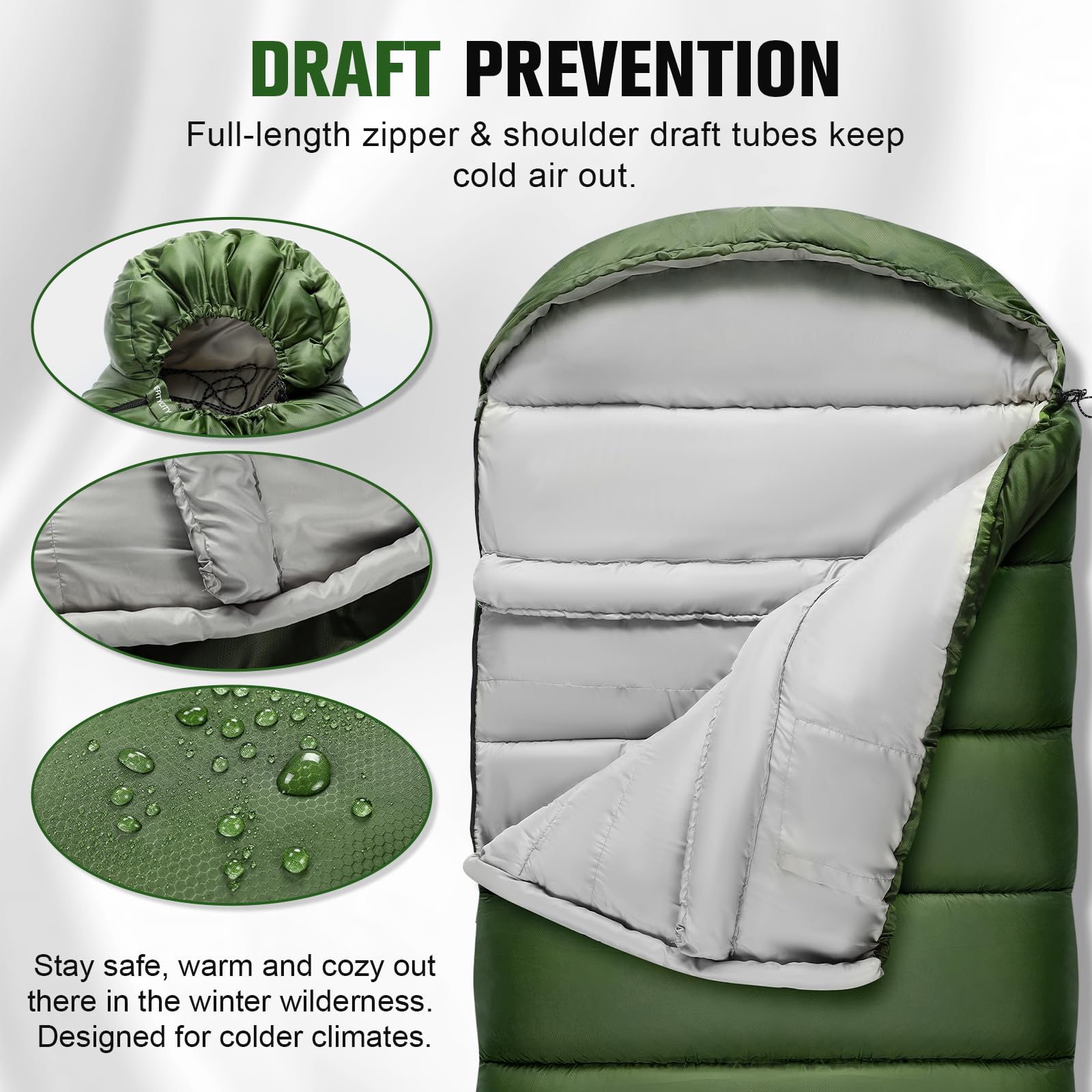 WERTYCITY sleeping bag water-resistant fabric withstands damp conditions.