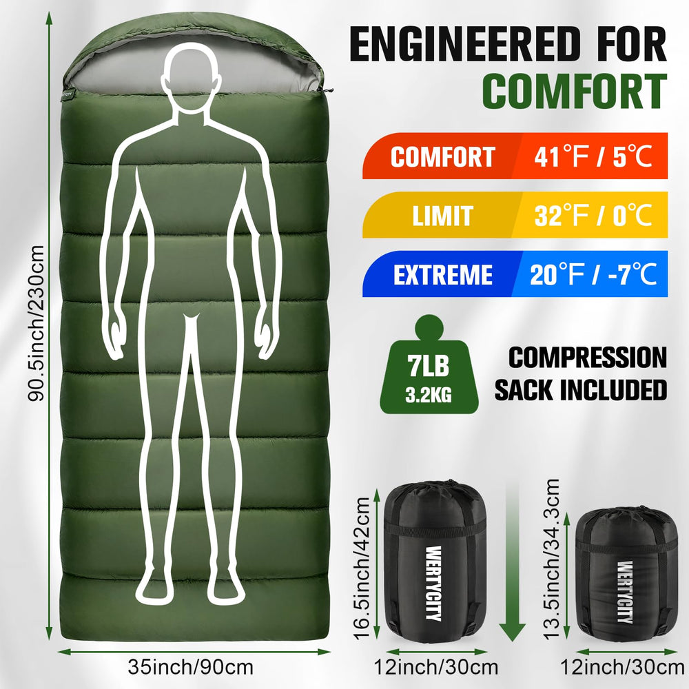 WERTYCITY sleeping bag XL size shows roomy interior for tall sleepers.